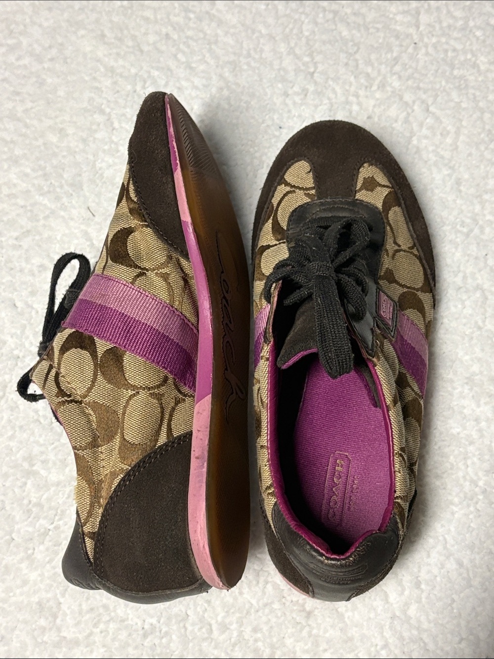 Coach 7.5 Joss Brown Signature Canvas Sneakers with Pink Trim